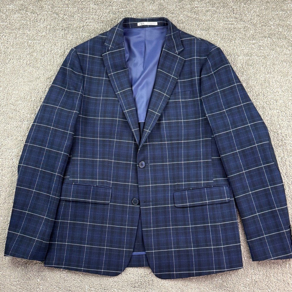 Zara Man Mens 44 Navy Windowpane Plaid Blazer Elbow Patch Sport Coat Jacket